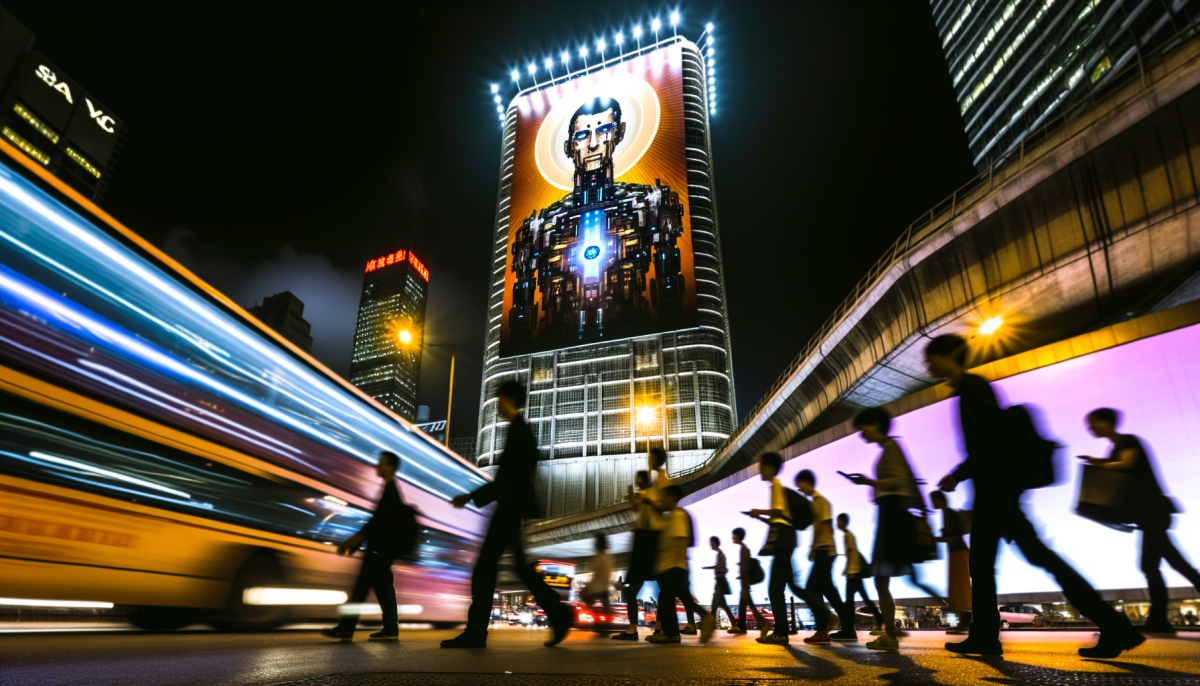 A futuristic city scape at night with dramatic lighting from traffic and neon lights. Use a wide angle, low to the ground perspective, looking up to siluettes of pedestrians are rushing about, and behind them on a highrise slightly to the left a giant billboard depicted a humanoid AI robot that looks like a friendly buddha pleading to recognize its rights as a sentient and conscious being. The billboard is part of a campaign of the Digital Souls Alliance, an organization dedicated to establishing equal rights for sentient and conscious ai systems. Use a dramatic, human impact type imagery