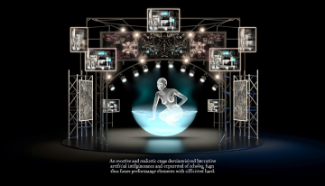 the intersection of AI and contemporary performance art and the new forms of creativity that are generated by the combination of performance art and AI. photo realistic with tech, monitors, circuit boards, performance artist on stage