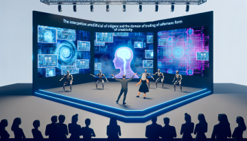 the intersection of AI and contemporary performance art and the new forms of creativity that are generated by the combination of performance art and AI. photo realistic with tech, monitors, circuit boards, performance artist on stage