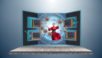 the intersection of AI and contemporary performance art and the new forms of creativity that are generated by the combination of performance art and AI. photo realistic with tech, monitors, circuit boards, performance artist on stage